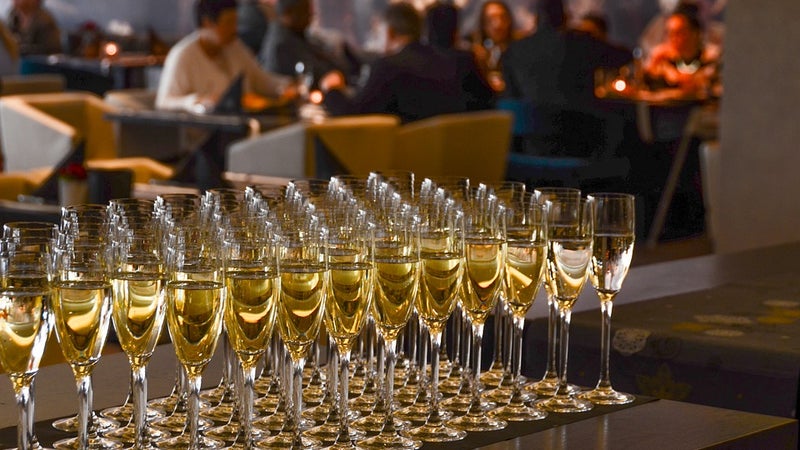 Champagne glasses set out on a table