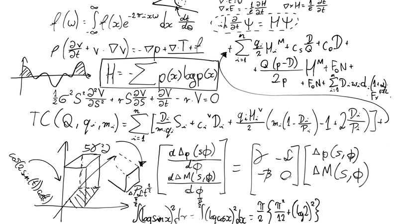 Complex math formulas on whiteboard. Mathematics and science with economics concept. Real equations, symbols handwritten by a professional.